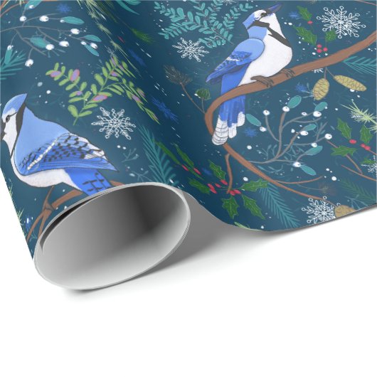 Feestelijke winter blauwe jays cadeaupapier (Rol Hoek)