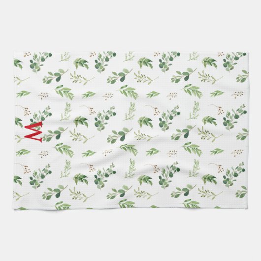 Feestelijke Winter Botanicals Monogram Vakantie Theedoek (Horizontaal)