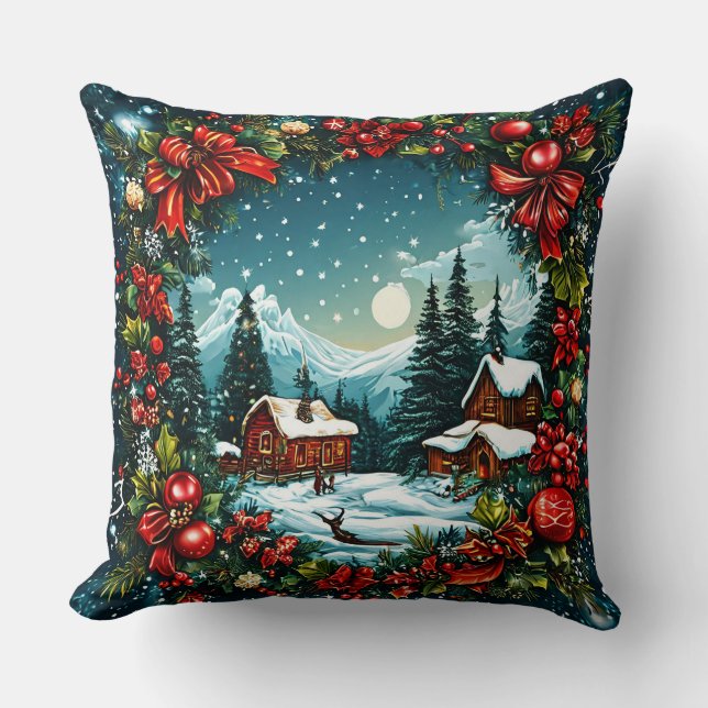 Feestelijke Winter Cabin Scene beroemd gemaakt doo Kussen (Voorkant)