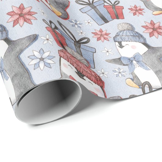 Feestelijke winter dansen pinguïns cadeaupapier (Rol Hoek)