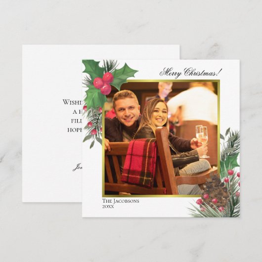 Feestelijke winter gebladerte Holly bessen & denne Feestdagenkaart (Voorkant / Achterkant)