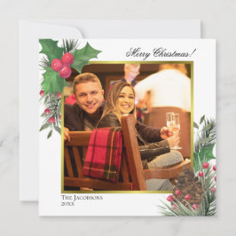 Feestelijke winter gebladerte Holly bessen & denne Feestdagenkaart