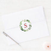 Feestelijke Winter Groen Monogram Vakantie Botanis Ronde Sticker (Envelop)