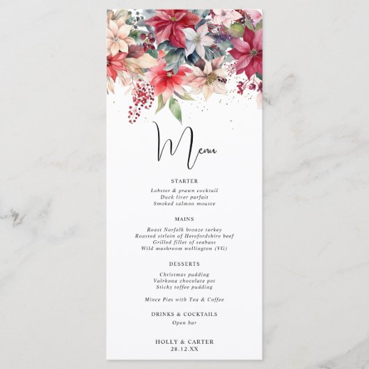 Feestelijke Winter Kerst Bloemen Bruiloft Menu (Voorkant)