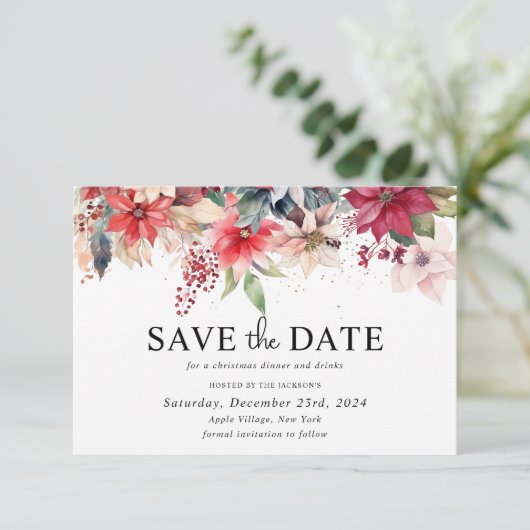 Feestelijke Winter Kerstbloemen Vakantie Party Save The Date (Staand voorkant)