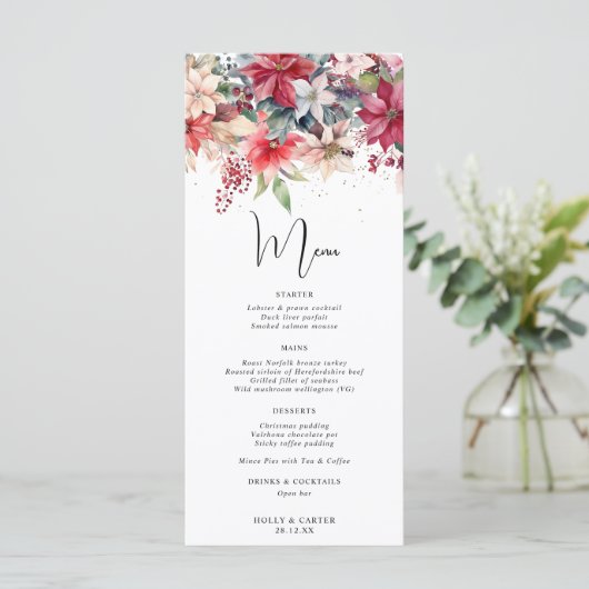 Feestelijke Winter Kerstmis Bloemen Bruiloft Menu (Staand voorkant)