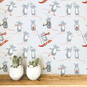 Feestelijke Winter Muizen Blauw Behang