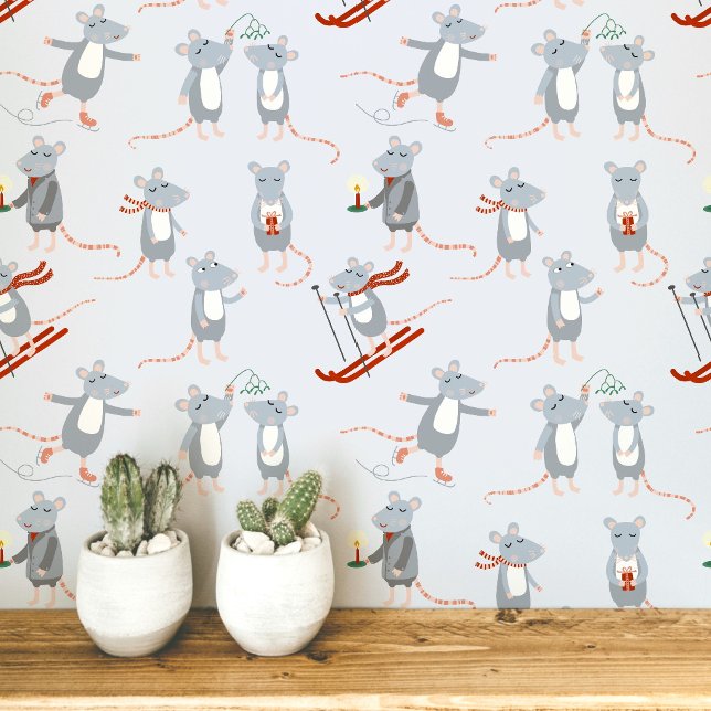 Feestelijke Winter Muizen Blauw Behang (Fun winter mice art wallpaper)