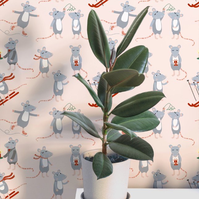 Feestelijke Winter Muizen Roze Behang (Fun winter mice art wallpaper)