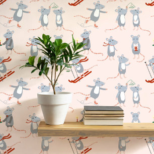 Feestelijke Winter Muizen Roze Behang