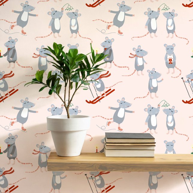 Feestelijke Winter Muizen Roze Behang (Fun winter mice art wallpaper)