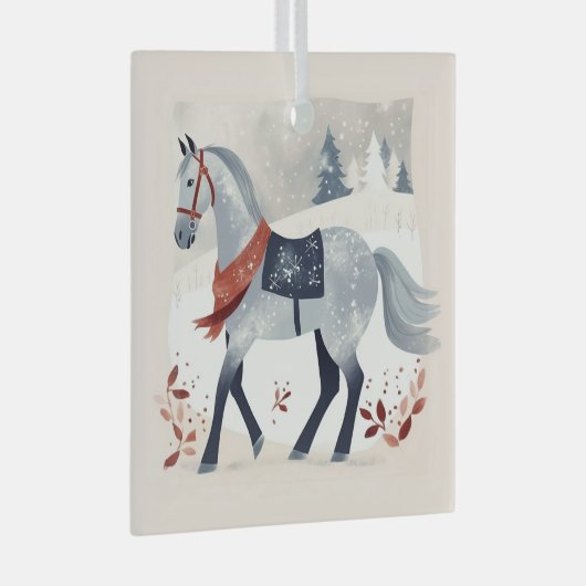 Feestelijke Winter Paard Ruitersport Kerstmis Glas Ornament (Voorkant Rechts)