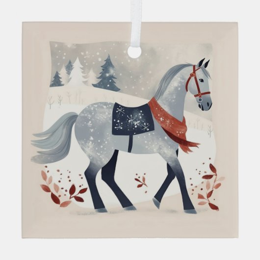 Feestelijke Winter Paard Ruitersport Kerstmis Glas Ornament (Achterkant)