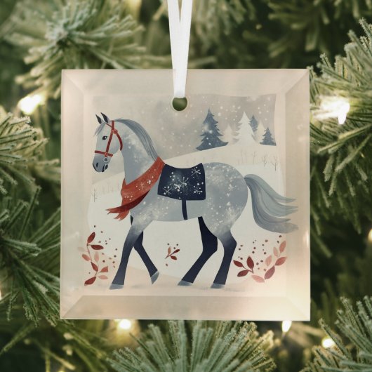 Feestelijke Winter Paard Ruitersport Kerstmis Glas Ornament (Insitu)
