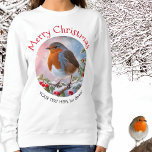 Feestelijke Winter Robin Redbreast Vrolijk Kerstfe Trui<br><div class="desc">Geniet van de feestelijke charme van de robin met dit heerlijke kerstsweatshirt. De top afbeeldingen een Europese roodborstje binnen een rond 'lijst', zittend op besneeuwde hulst in de winter. De woorden 'Merry Christmas' staan bovenaan en er staat tekst onder het afbeelding om te personaliseren met jouw naam of andere tekst...</div>