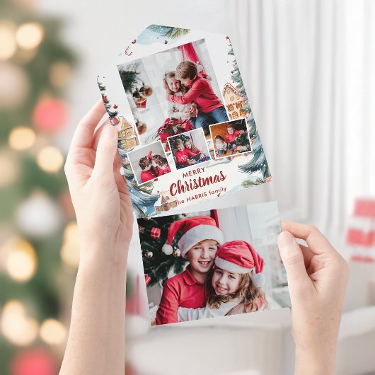 Feestelijke Winter Snow Village Four-Photo All In One Uitnodiging