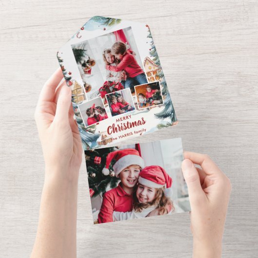 Feestelijke Winter Snow Village Four-Photo All In One Uitnodiging (Afscheurbaar)