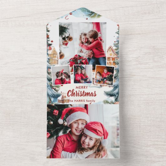 Feestelijke Winter Snow Village Four-Photo All In One Uitnodiging (Binnen)