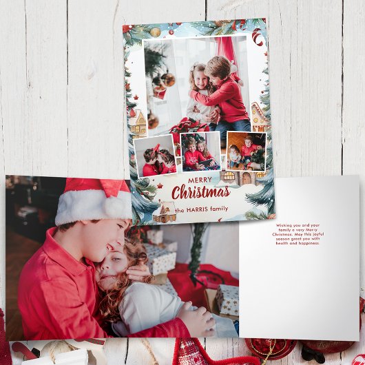 Feestelijke Winter Snow Village Four-Photo Drieluik Kaart