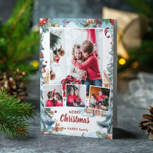 Feestelijke Winter Snow Village Four-Photo Feestdagen Kaart