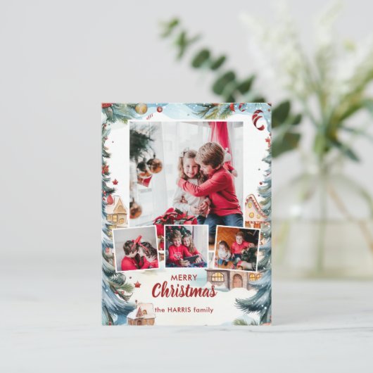Feestelijke Winter Snow Village Four-Photo Feestdagenkaart (Staand voorkant)
