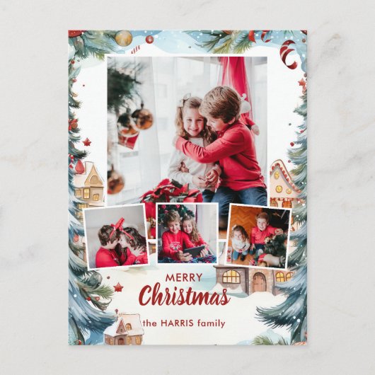Feestelijke Winter Snow Village Four-Photo Feestdagenkaart (Voorkant)