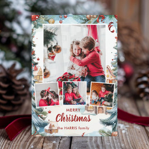 Feestelijke Winter Snow Village Four-Photo Feestdagenkaart