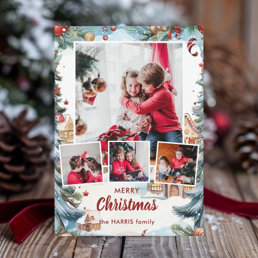 Feestelijke Winter Snow Village Four-Photo Feestdagenkaart