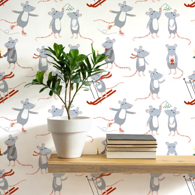 Feestelijke Winter Vakantie Muizen Behang (Fun winter mice art wallpaper)