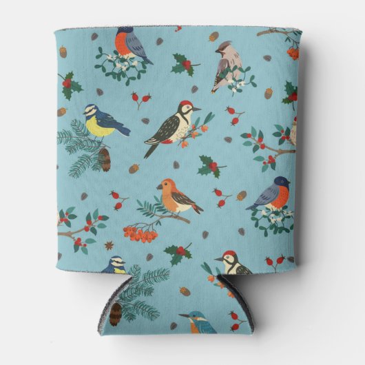 Feestelijke Winter Vogels Kerstpatroon Blikjeskoeler (Voorkant)