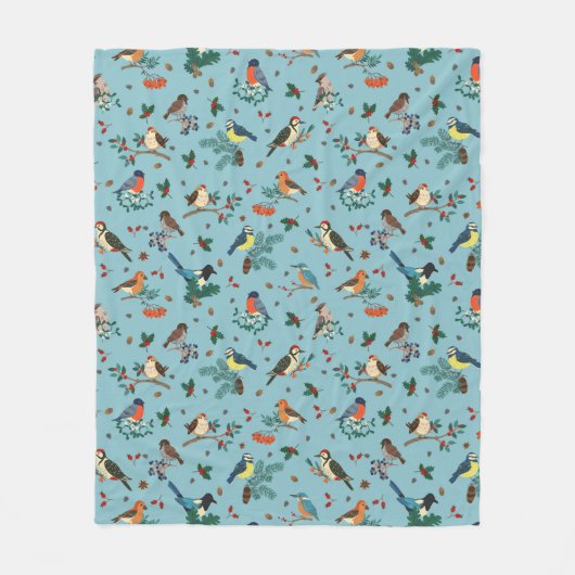 Feestelijke Winter Vogels Kerstpatroon Fleece Deken (Voorkant)