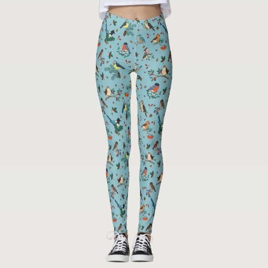 Feestelijke Winter Vogels Kerstpatroon Leggings (Voorkant)