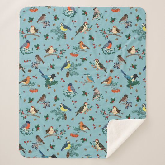 Feestelijke Winter Vogels Kerstpatroon Sherpa Deken (Voorkant)