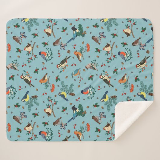 Feestelijke Winter Vogels Kerstpatroon Sherpa Deken (Voorkant (horizontaal))