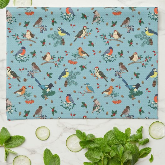 Feestelijke Winter Vogels Kerstpatroon Theedoek (Gevouwen)