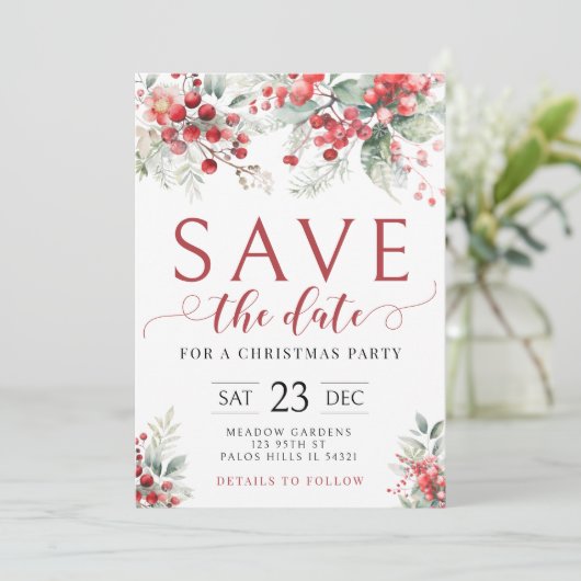 Feestelijke winterbessen Save The Date Christmas Kaart (Staand voorkant)