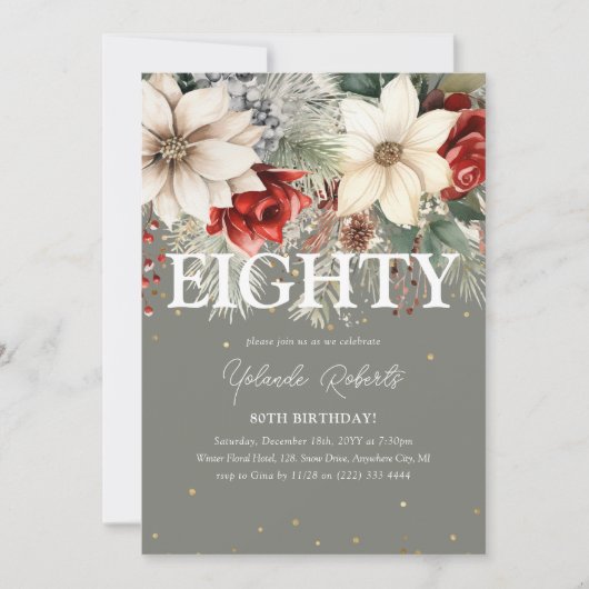 Feestelijke winterbloemen 80e verjaardag kaart (Voorkant)