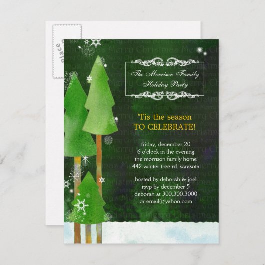 Feestelijke winterbomen Rustiek groen vakantiefees Uitnodiging Briefkaart (Voorkant / Achterkant)