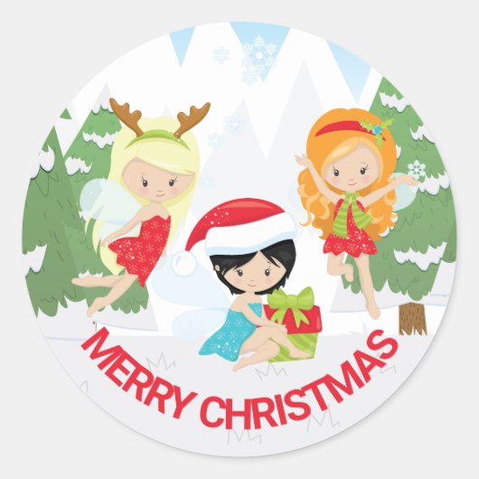 Feestelijke Winterfeeën Prettig Kerstmis Ronde Sticker (Voorkant)