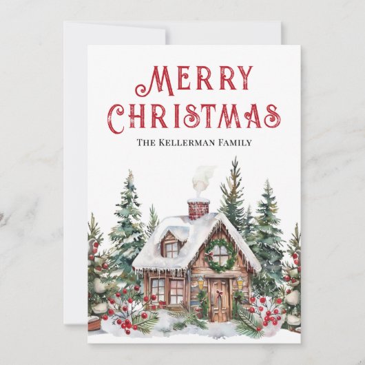 Feestelijke Winterhut Waterverf Kerst Feestdagenkaart (Voorkant)