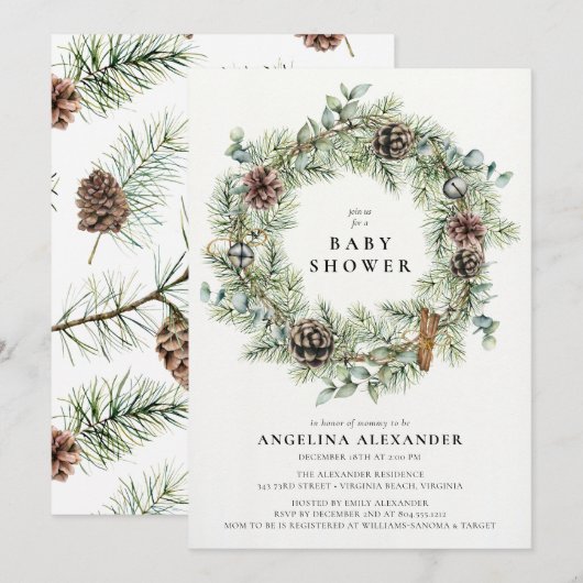 Feestelijke winterkrans Baby shower uitnodiging (Voorkant / Achterkant)