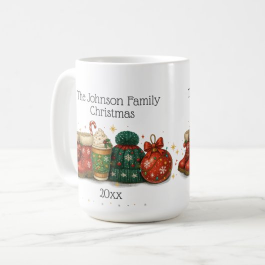 Feestelijke Winterlaarzen Petten Familie Kerst Koffiemok (Voorkant links)