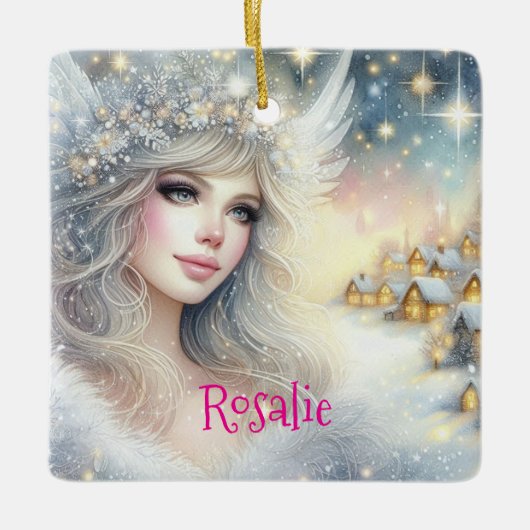 Feestelijke witte aquarel etherische vorst sneeuw keramisch ornament (Voorkant)