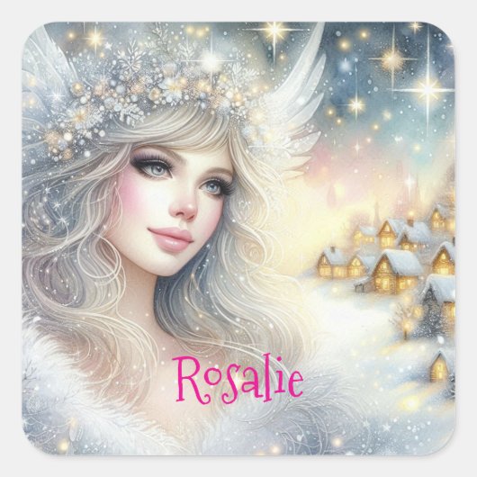 Feestelijke witte aquarel etherische vorst sneeuw vierkante sticker (Voorkant)