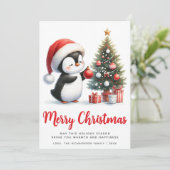 Feestelijke Witte en Rode Pinguïn Vrolijk Kerstfee Feestdagenkaart (Staand voorkant)