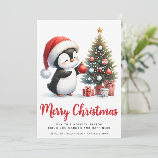 Feestelijke Witte en Rode Pinguïn Vrolijk Kerstfee Feestdagenkaart (Staand voorkant)