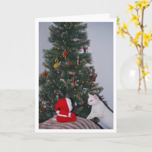 Feestelijke witte kitten en Santa Portrait Kaart (Gele Bloem)