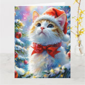 Feestelijke witte kitten in een Santa Hat Kaart (Gele Bloem)