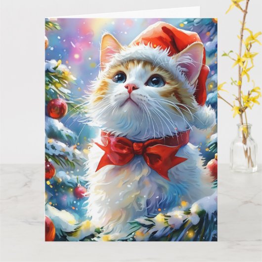 Feestelijke witte kitten in een Santa Hat Kaart (Gele Bloem)