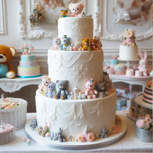 FEestelijke witte laagcake versierd met speelgoed